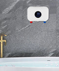 Compact Tankless Water Heater Electric Instant Hot Water Wall Mounted Unit Featuring Digital Display, installed above a bathtub.