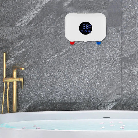 Compact Tankless Water Heater Electric Instant Hot Water Wall Mounted Unit Featuring Digital Display, installed above a bathtub.