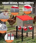 Top Shelf Metal Chicken Feeder With 30 Pound Capacity And Six Accessible Ports Cuts Waste Fast While Keeping Your Flock Fully Fed Includes Sturdy Adjustable Legs Plus A Handy Veggie Tray For Fresh Greens And Quick Snacks, shown with easy carry features and waterproof design.