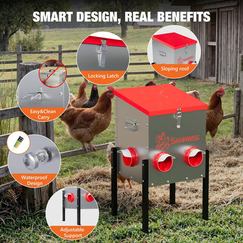 Top Shelf Metal Chicken Feeder With 30 Pound Capacity And Six Accessible Ports Cuts Waste Fast While Keeping Your Flock Fully Fed Includes Sturdy Adjustable Legs Plus A Handy Veggie Tray For Fresh Greens And Quick Snacks, shown with easy carry features and waterproof design.