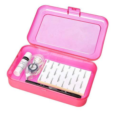 Four Pack Large Pencil Cases Set For School, Office, And College Durable Plastic Storage Organizer Box in Bright Pink with Stationery Items