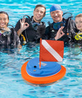 Divers in pool using Three Hour Scuba Ventilator System With Mask Mount For Underwater Breathing And Floating Air Pump Tank