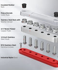 Heavy Duty Power Distribution Bus Bar Pair With Six M10 Studs And Twelve Lugs For Serious Juice Handling In Off Grid Solar Arrays And Ev Conversions Using 12 24 Or 48 Volt Compatibility Plus Rock Solid Copper Build For No Sweat Thermal Control components laid out, including nuts and plates, showing technical details.
