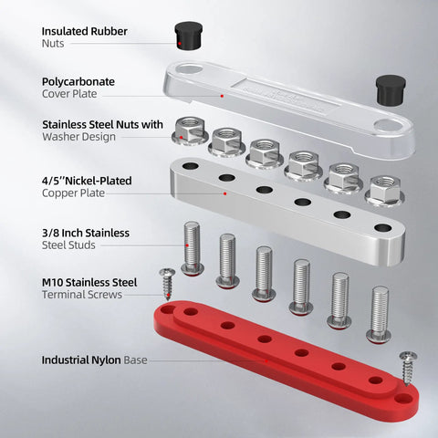 Heavy Duty Power Distribution Bus Bar Pair With Six M10 Studs And Twelve Lugs For Serious Juice Handling In Off Grid Solar Arrays And Ev Conversions Using 12 24 Or 48 Volt Compatibility Plus Rock Solid Copper Build For No Sweat Thermal Control components laid out, including nuts and plates, showing technical details.