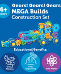 Learning Resources Gears Gears Gears Mega Builds Kid Friendly Building Toy Set For STEM Learning And Fine Motor Skills With 235 Colorful Interlocking Pieces Toddler Explorer Kit Science And Construction Gift For Boys And Girls box cover showing colorful gear model and educational benefits for ages 4+.
