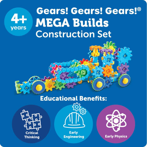 Learning Resources Gears Gears Gears Mega Builds Kid Friendly Building Toy Set For STEM Learning And Fine Motor Skills With 235 Colorful Interlocking Pieces Toddler Explorer Kit Science And Construction Gift For Boys And Girls box cover showing colorful gear model and educational benefits for ages 4+.