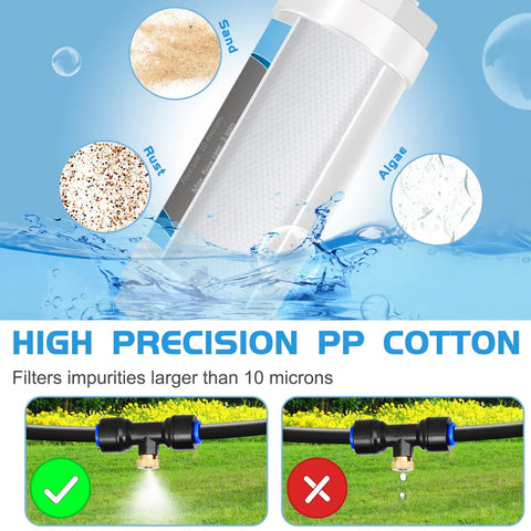 Upgraded Misting System With Water Filter For Outdoor Cooling, showing filtration of impurities in a misting line setup.