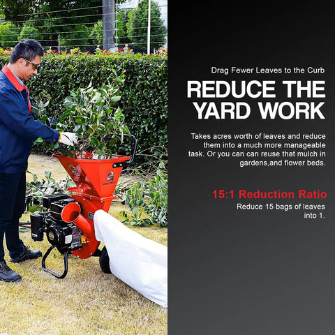 Man using Heavy Duty Gas Powered 3 In 1 Wood Chipper Shredder Mulcher For Yard Cleanup, 3 Inch Max Wood Diameter, EPA CARB Certified