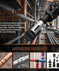 Heavy Duty 18V Electric Pipe Crimper With 60KN Force High Carbon Steel Hydraulic Press Tool shown on job site with pipes.