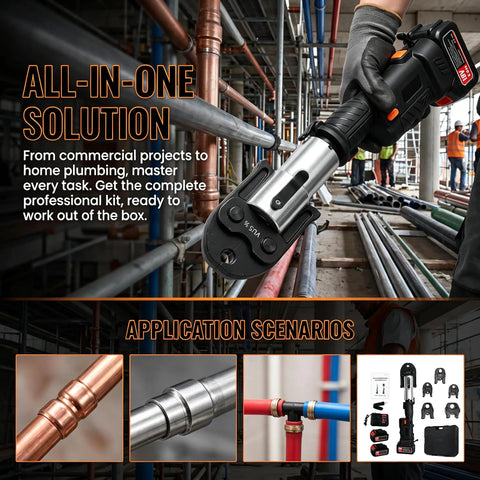 Heavy Duty 18V Electric Pipe Crimper With 60KN Force High Carbon Steel Hydraulic Press Tool shown on job site with pipes.