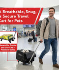 Man uses Rolling Pet Carrier With Wheels, Airline Approved Under Seat TSA Dog Cat Carrier For Air Travel in airport with dog inside