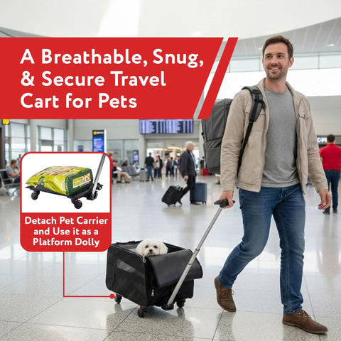 Man uses Rolling Pet Carrier With Wheels, Airline Approved Under Seat TSA Dog Cat Carrier For Air Travel in airport with dog inside