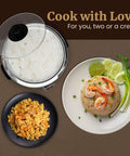 Overhead view of 6-Cup Electric Rice Cooker With Stainless Steel Inner Pot, cooked rice, shrimp dish, and mixed rice plate, brown background