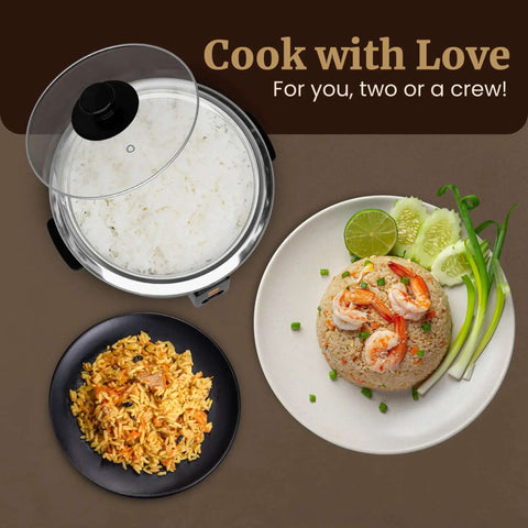 Overhead view of 6-Cup Electric Rice Cooker With Stainless Steel Inner Pot, cooked rice, shrimp dish, and mixed rice plate, brown background