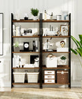 Five Tier Bookshelf With Sturdy Metal Frame, Free Standing Open Shelving Unit in room. Books, decor items on shelves.