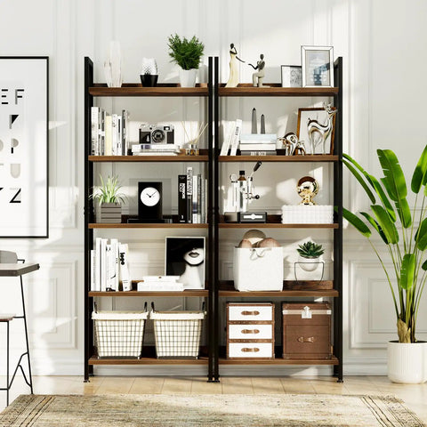 Five Tier Bookshelf With Sturdy Metal Frame, Free Standing Open Shelving Unit in room. Books, decor items on shelves.
