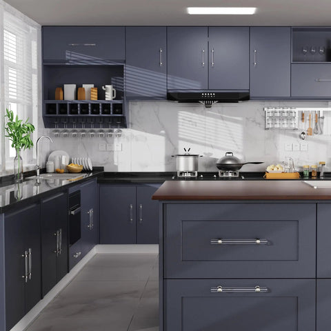 Modern kitchen with blue cabinets featuring Six Pack 3 Inch Clear Glass Cabinet Handles And Pulls For Dresser And Drawers Kitchen And Bathroom Brushed Nickel Crystal Knobs 76mm Mount Distance Includes Two Screw Sizes And L Wrench Tool installed on island drawers.