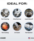 Image showing various uses for Flat 2 Inch Pro Grade Super Air Nozzle Blowoff Kit With Stay Set Hose And Magnetic Base For Precise Pneumatic Blowoff USA Made Includes 12 Inch Hose Ideal For Compressors And Industrial Air Tools, including part cleaning and chip removal.