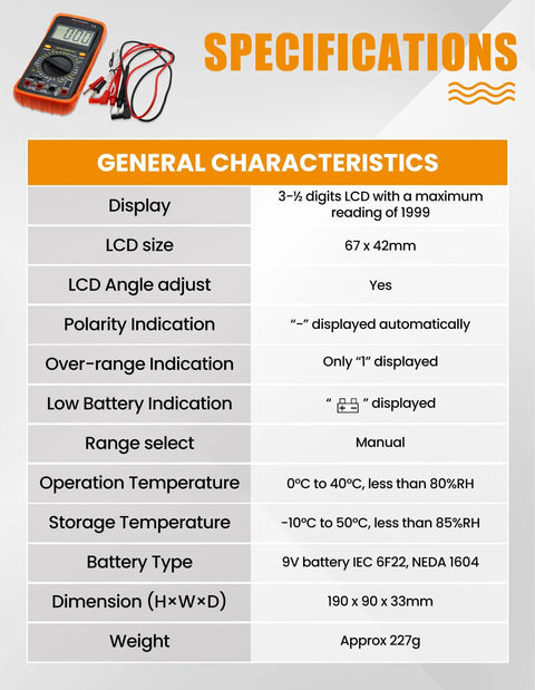 Specifications of AMT32 Digital Multimeter Tester Portable Meter for electrical jobs with LCD display and features.