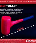 3 Lb Dead Blow Hammer With Non Marring Polyurethane Head, Steel Shot Filled For Rebound Free Strikes, side view with measurements