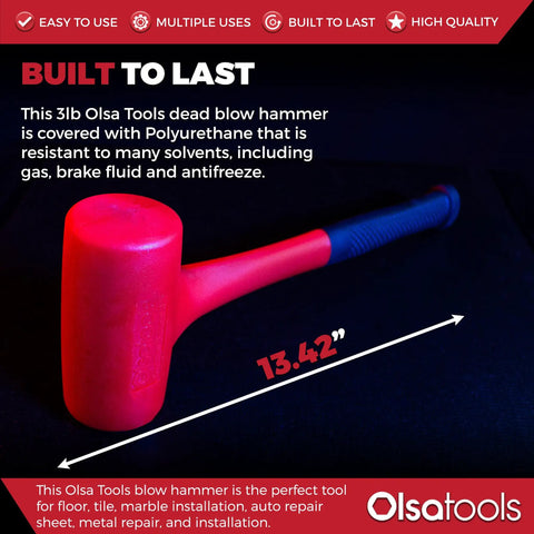 3 Lb Dead Blow Hammer With Non Marring Polyurethane Head, Steel Shot Filled For Rebound Free Strikes, side view with measurements