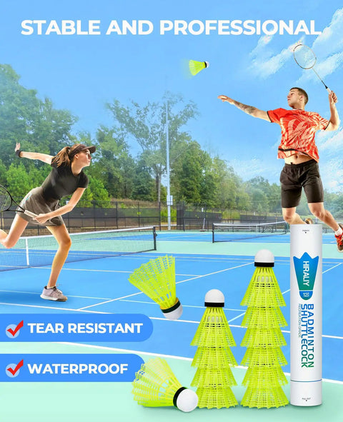 12 Pack Nylon Badminton Shuttlecocks For Backyard Fun And Outdoor Play, Wind Resistant 5.5g Weighted Birdies shown on tennis court