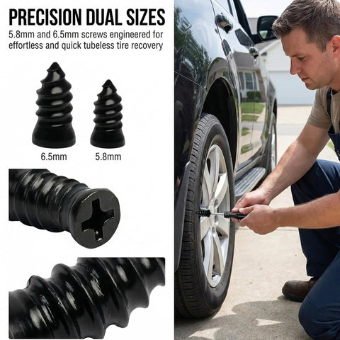 Using 60 Pcs Tire Repair Nails Self Tapping Screws Kit For Cars, Motorcycles, And Trucks, two sizes 5.8mm and 6.5mm, on car tire