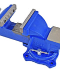 Heavy Duty 6 Inch Bench Vise With Cast Iron Jaw, Powder Coated Blue Finish, Secure Grip Vise With 120 Degree Swivel Base, Multi Purpose DIY Clamp