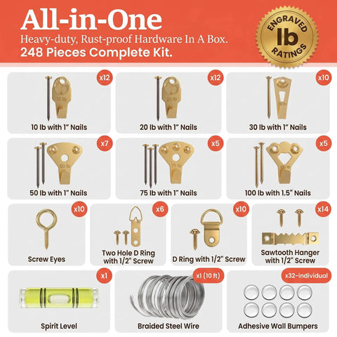248 Piece Picture Hanging Kit With Heavy Duty Hooks For Walls, Frames And Mirrors, Display Ready Hardware Set Includes Sawtooth Hangers, D Rings, Wire, Nails, Adhesive Dots, And Self Stick Bumpers For No Wobble, Straight Hangs. 248-piece gold metal hardware set with hooks, nails, wire, and bumpers
