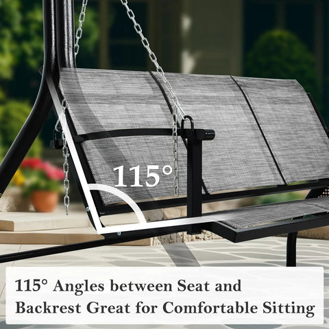 Textilene Three Seat Hanging Swing For Backyard Chill Sessions With 5.2 Ft Patio Bench Heavy Duty Outdoor Porch Swing With Sturdy Chains 660 Lb Capacity For Courtyard Garden Tree Yard showing 115-degree angle between seat and backrest for comfortable seating.