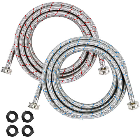 15ft Braided Stainless Steel Washing Machine Hose Set with 3/4 Inch Fittings, Red and Blue Lines, 2 Pack, Burst Proof, Leak Free