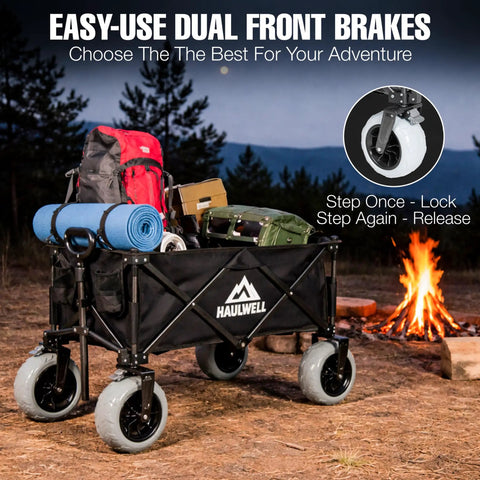 All Terrain Beach Wagon With Big Sand Wheels, Ultra Durable Collapsible Beach Cart For Kids And The Crew, Camping And Outdoor Adventures, Folding Cart With 9-Inch Foam-Filled Tires For Smooth Haul On Sand, Grass And Gravel loaded with camping gear near a campfire
