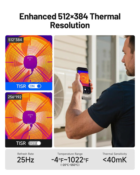 Man using Duo USB-C Thermal Camera for iPhone iPad and Android, 512x384 super resolution, 256x192 IR imaging, grey device