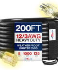 Beefy 200ft Outdoor Indoor Extension Cord 12/3 Gauge Extra Heavy Duty SJTW Waterproof Flexible Cold Resistant 3 Prong