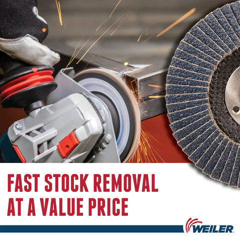Wolverine Heavy Duty Flap Disc 4-1/2 Inch 5/8-11 UNC Nut in use with right angle grinder for metal grinding