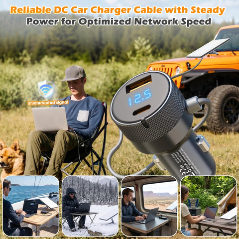 Heavy Duty 12 Volt And 24 Volt Vehicle Power Adapter For Compact Satellite Terminals With Ten Foot Waterproof Wire Harness And Dual Fast Charge USB Ports in use outdoors with people working remotely.