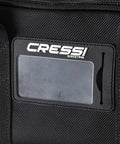Close-up of a heavy-duty denier fabric panel with Cressi label and webbing from Libra Ballast Weight Bag For Scuba Gear Storage And Transport.