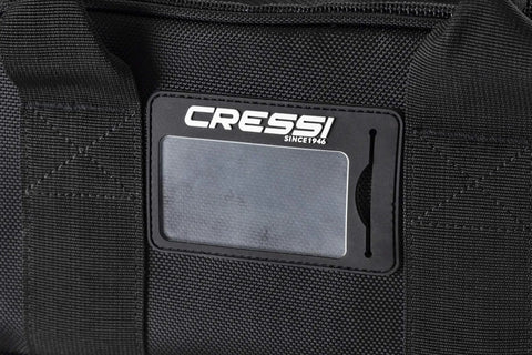 Close-up of a heavy-duty denier fabric panel with Cressi label and webbing from Libra Ballast Weight Bag For Scuba Gear Storage And Transport.