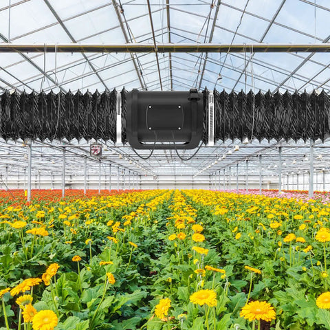 8 Inch Inline Duct Fan With 760 CFM And Variable Speed EC Motor for hydroponics in greenhouse with yellow flowers
