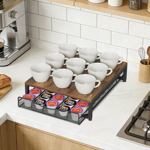 Dope Wooden Coffee Pod Holder With Sliding Drawer, Large Capacity K Cup Storage for Countertop holding cups and pods