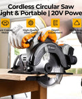Heavy Duty 20V Cordless Circular Saw Arrives Loaded With Reliable Battery And Plug Pack Pushing A Robust 4500 Rpm No Load Speed, Fluid Bevel Swings, And Dead Center Cuts For Beat The Clock Builds in action cutting wood.