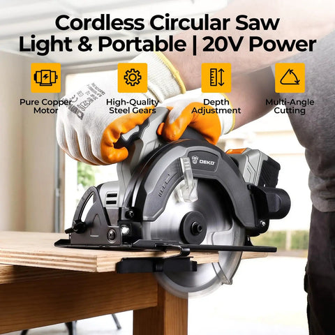 Heavy Duty 20V Cordless Circular Saw Arrives Loaded With Reliable Battery And Plug Pack Pushing A Robust 4500 Rpm No Load Speed, Fluid Bevel Swings, And Dead Center Cuts For Beat The Clock Builds in action cutting wood.