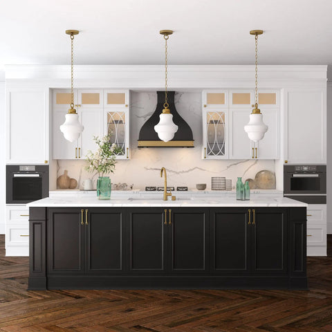 Kitchen with three 9 Inch Wide Pendant Lights With Glass Shade In Brass And White Milk Glass, over a central island.