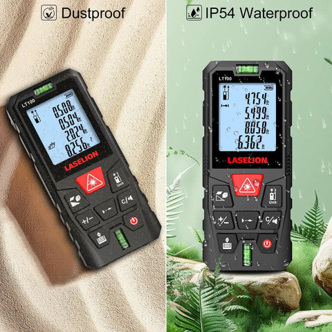 Laser Distance Meter With Dual Bubble Levels, Measures Up To 328 Feet, 4 Unit Conversions, Backlit LCD Display, IP54 Waterproof, Pythagorean Mode For Distance Area And Volume, Ultra Accurate To One Sixteenth Inch, Easy Grip Handheld Tool on sand and rain