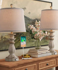 Farmhouse Style Table Lamps Set Of 2 With USB Charging Port White Washed Rustic 22 Inch Bedside Lamps Tapered Drum Shade For Bedroom