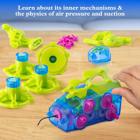 GeckoBot 2.0 Wall Climbing Robot Kit components on table with suction cup feet, guided assembly, and STEM hands-on build for kids 8+