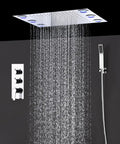Built Tough Square LED Shower System With Thermostatic Valve And Dual Mode Spray, 14 X 20 Inch Rainfall Panel with falling water.