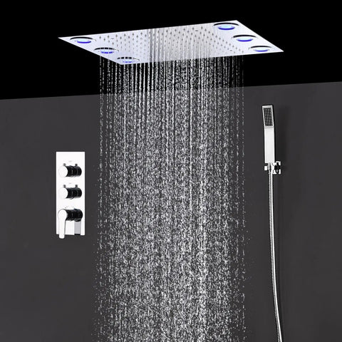Built Tough Square LED Shower System With Thermostatic Valve And Dual Mode Spray, 14 X 20 Inch Rainfall Panel with falling water.