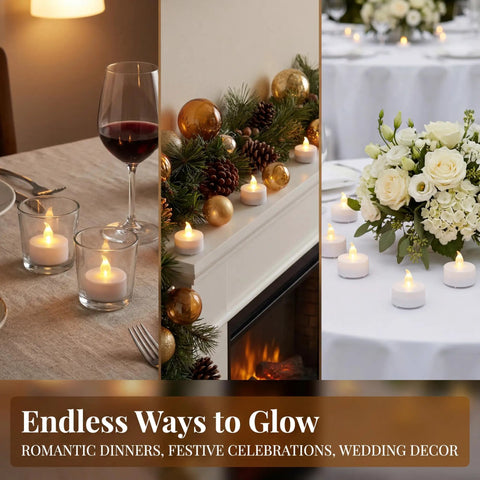 Flameless Tea Lights Battery Operated Candles Set Of 24 LED Flickering Votive Candles With Long Lasting 200 Hour Run Time Realistic Bright Warm White for romantic and festive decor