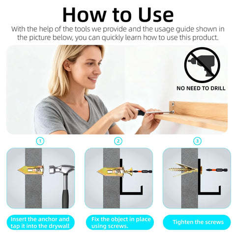 Woman using 430 Piece Self Drilling Drywall Anchors And Screws Kit to mount shelf without drilling, step-by-step guide shown.